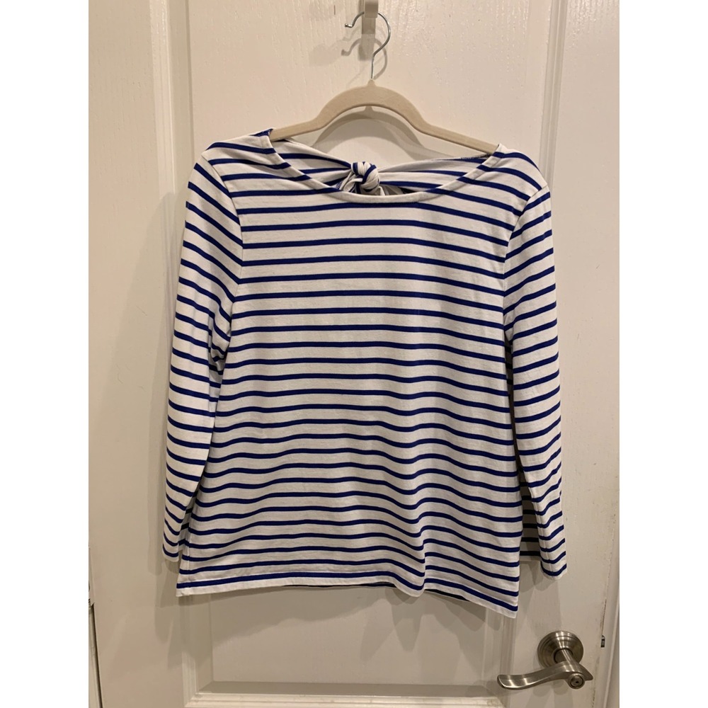 JCrew Blue and White Striped Knit Shirt Circle tie in the back Sz M
